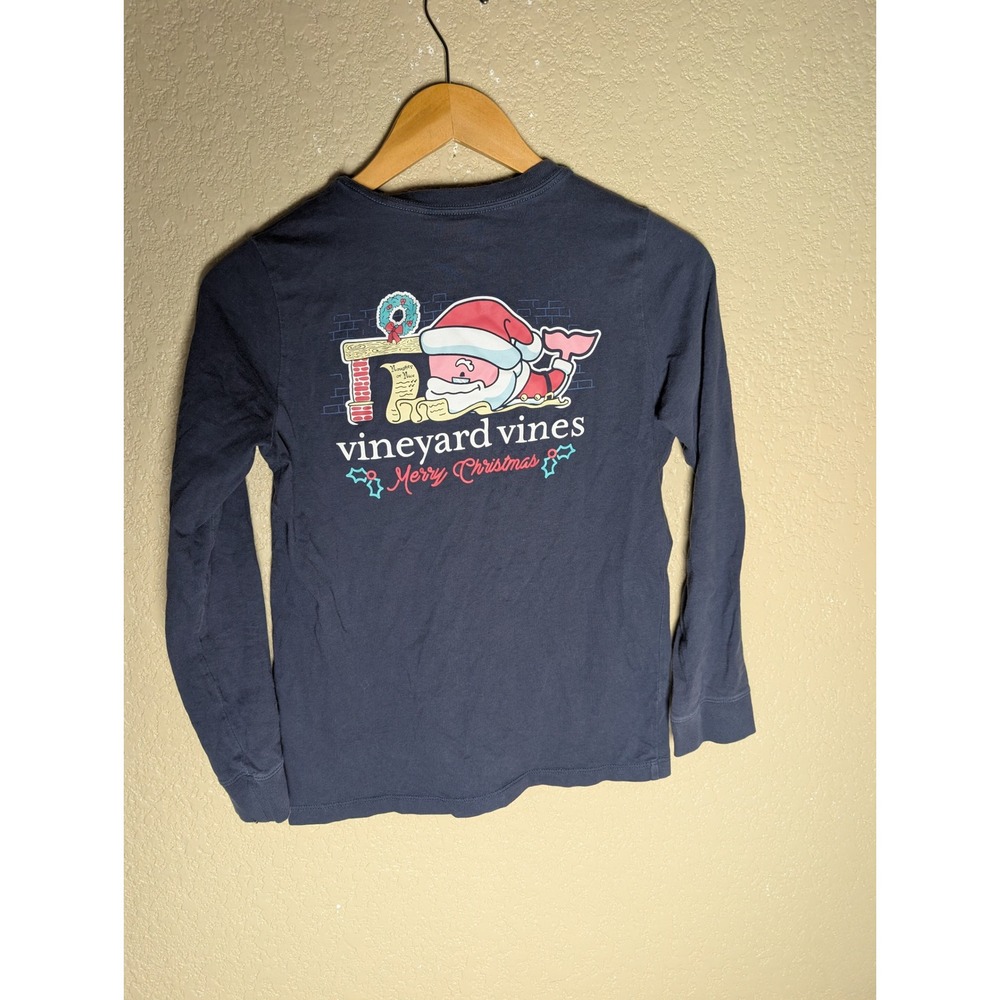 Vineyard Vines Boys Holiday Santa Whale Long Sleeve Shirt Navy Size S 8-10